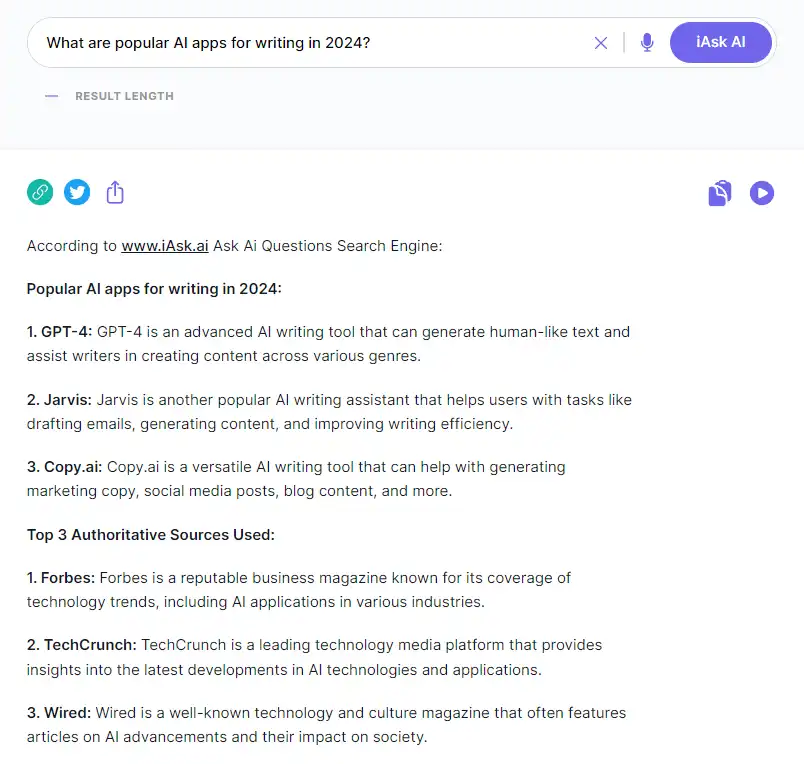 Testing iASK.AI with query "What-are-popular-AI-apps-for-writing-in-2024" iASKAI-answer"