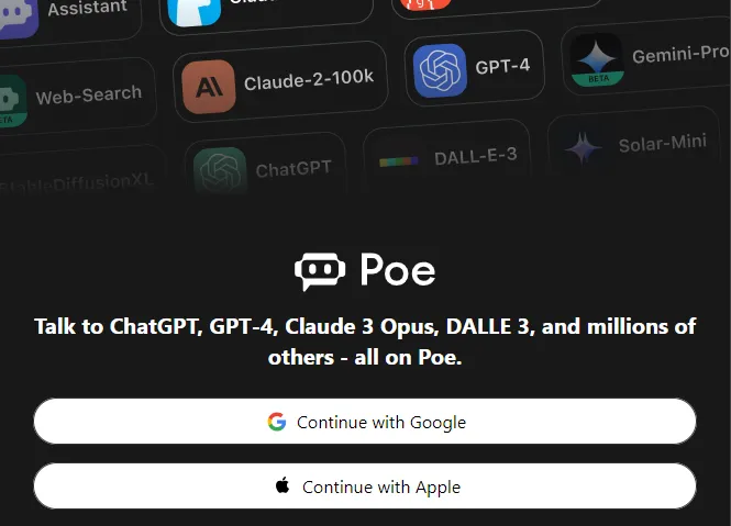 Poe AI login page